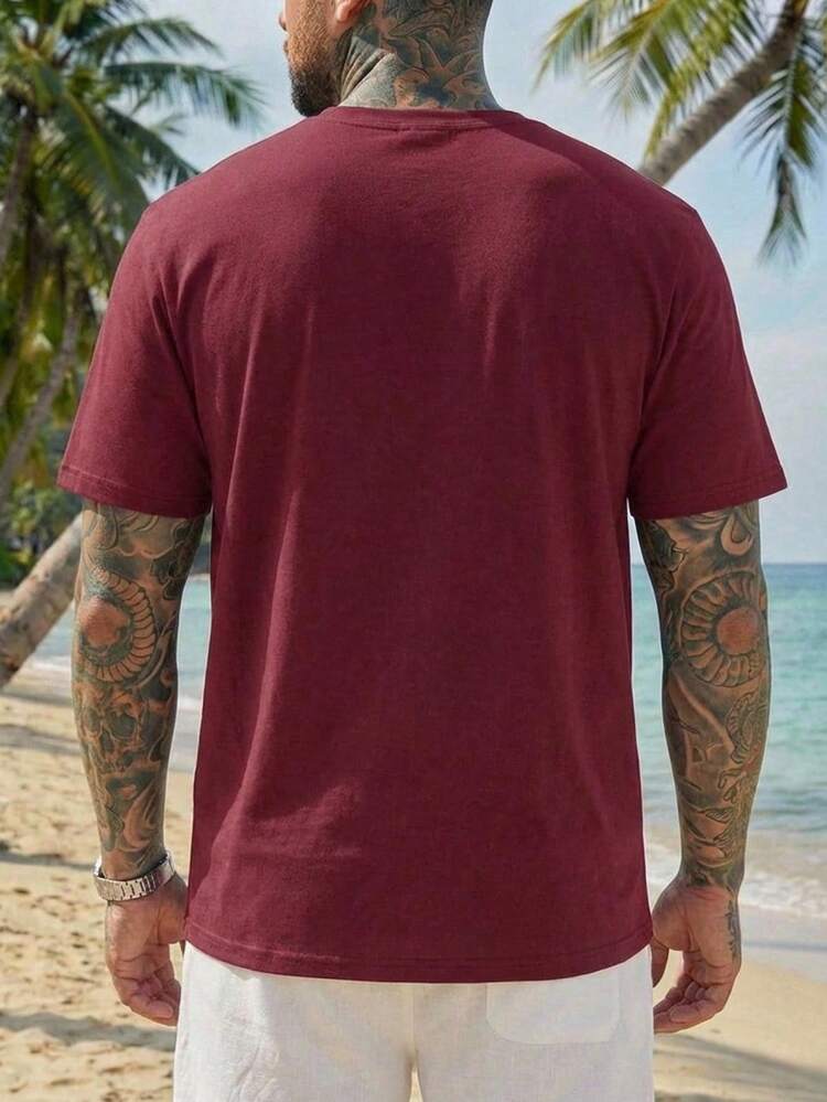 Letter Print Short Sleeve T-Shirt, Burgundy, Plus Size Men
