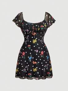 SHEIN MOD Vestido corto de mujer talla grande con estampado floral y de lunares, vestido con mangas con volantes y lazo delantero, vestido de lunares, vestido de verano para mujer, romántico, encantador, vestido de invitada de boda, vestido de fiesta para mujer, vestido de playa, elegante, vestido negro, vestido de gala formal, graduación, estilo vintage francés, retro - Negro - Ver 3