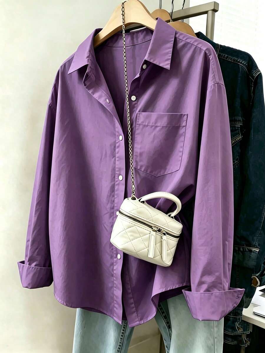 SHEIN LUNE 女士休闲宽松长袖衬衫,简约百搭设计,适合秋冬季日常穿着 - 紫色 - 查看 1