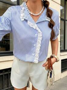 Flora Isola Flora Isola Women's  Baby Blue Lantern Sleeve Blouse, Retro Classic Striped Design With Contrast Ruffle Trim, Casual Daily Wear And Party Outfit, Summer New Arrival - Blue - View 6