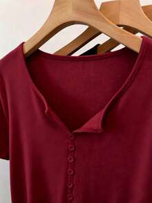 MYSTAURA Women's Casual Retro Minimalist Mori Girl Commuter Button Short Sleeve T-Shirt - Burgundy - View 3