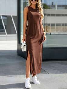 Silhoulove Gaun Tanpa Lengan Warna Polos Kasual Musim Panas dengan Belahan Samping - Coffee Brown - View 5