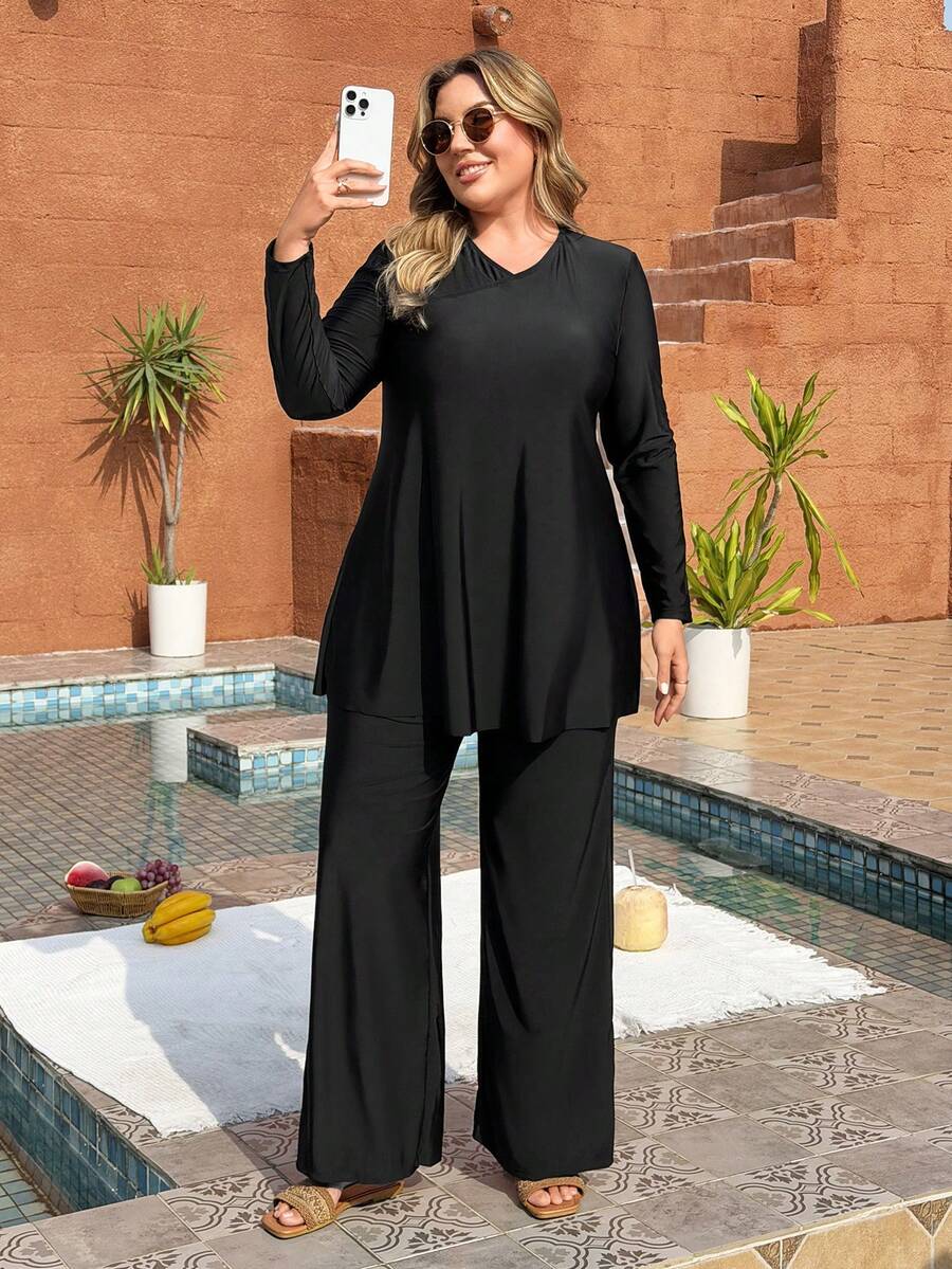 Swim Mulvari Conjunto de traje de baño de 2 piezas para mujer talla grande, con manga larga y pantalón largo, burkini para vacaciones en la playa - Negro - Ver 1