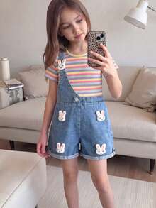 SHEIN Playful Pals 2pcs/Set Young Girl Pastel Rainbow Striped Round Neck Short Sleeve T-Shirt And Denim Suspender Shorts Set,Summer Picnic Party Outfit - Multicolor - View 3