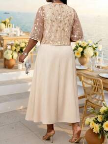 Fleurora 2pcs Plus Size Sequin Decor Short Sleeve Jacket Cream Floral Dress Set Wedding Dinner Special Occasion Summer Elegant - Pink - View 2