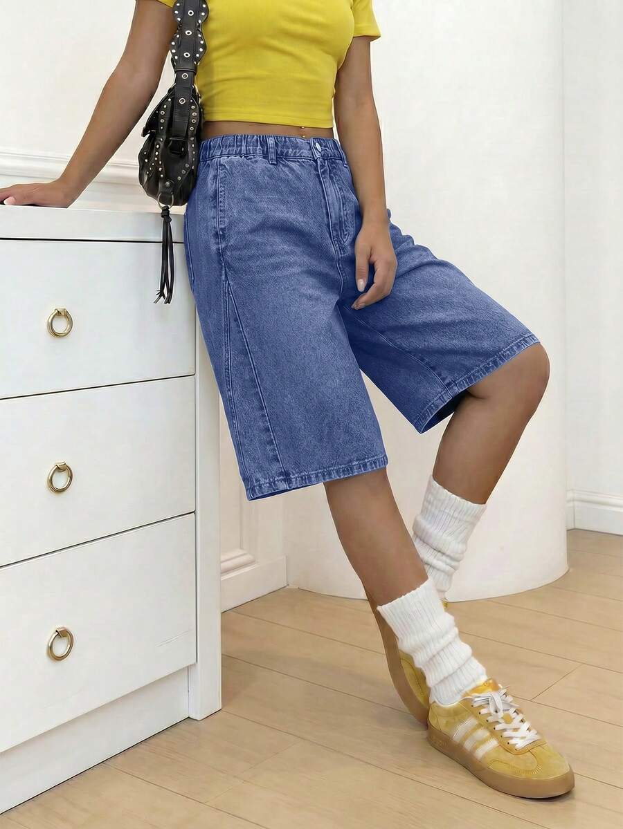 SHEIN 女士及少女休闲牛仔短裤，夏季新款，时尚简约百搭经典复古水洗棉柔软舒适面料，夏季外出必备单品，女士及少女阔腿中长牛仔短裤 - 藍色 - 查看 1