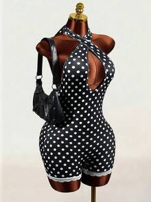 Mistrie Hàng mới về mùa xuân/hè: Bộ jumpsuit nữ kiểu dáng casual họa tiết chấm bi, cổ yếm, khoét eo gợi cảm. - màu đen - Xem 3