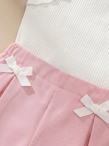 SHEIN 女童甜美无袖罗纹针织背心和粉色松紧腰短裤两件套，饰有3D蝴蝶结，可爱夏季日常休闲女童服装套装 - 粉色 - 查看 8