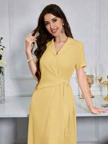 Modelyn Đầm maxi mùa hè màu trơn cổ chữ V tay ngắn cài cúc phía trước dành cho nữ. - Màu vàng - Xem 1