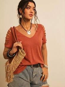 Freevana Plus Size Women Casual Solid Color Off Shoulder Short Sleeve T-Shirt - Coral Orange - View 5