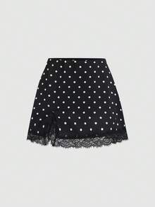 SHEIN PETITE Chân váy midi ren chấm bi thanh lịch dành cho nữ mùa hè - màu đen - Xem 3