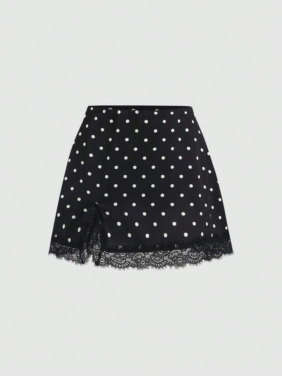 SHEIN PETITE Chân váy midi ren chấm bi thanh lịch dành cho nữ mùa hè - màu đen - Xem 1