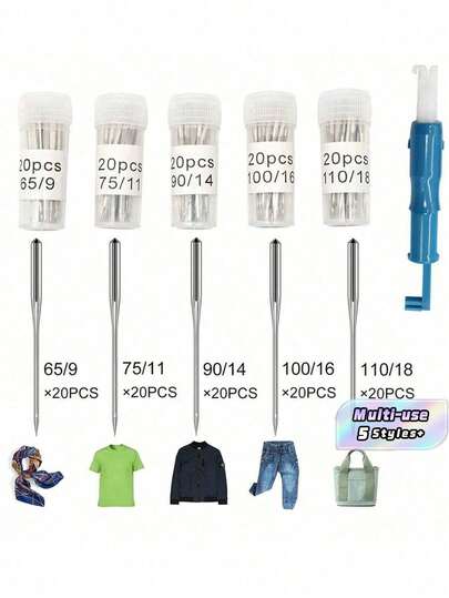 100 chiếc kim máy khâu bằng thép không gỉ đa năng, tương thích với Singer, Brother, Janome, Varmax, kích thước: HAX1 65/9, 75/11, 90/14, 100/16, 110/18