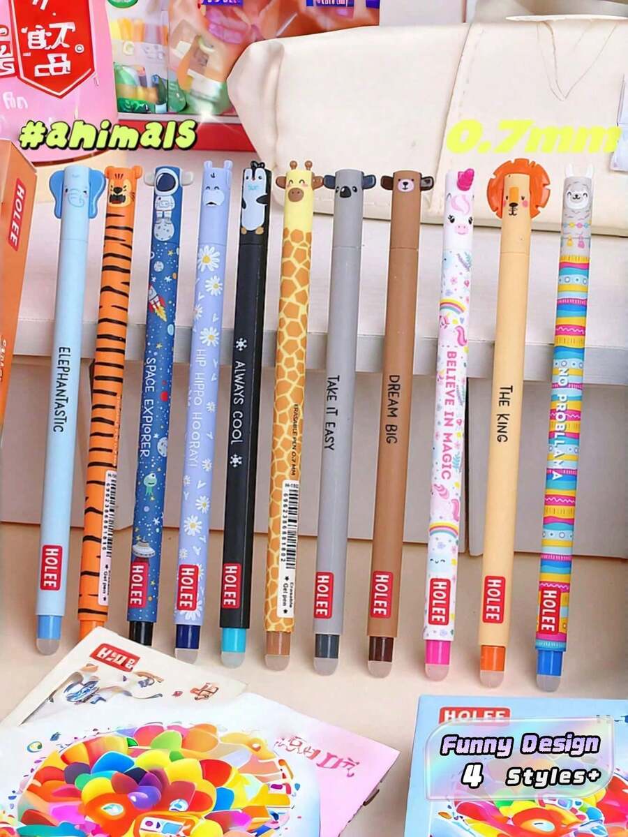 Bộ 10/15 bút bi xóa được hình động vật ngẫu nhiên, bút gel xanh 0.7mm có thể thu gọn, viết trơn tru, thích hợp cho ghi chú bài vở, quà tặng Giáng sinh/Lễ tình nhân. - Nhiều màu - Xem 1