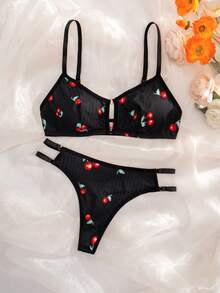 SHEIN Conjunto de sujetador inalámbrico cómodo con estampado para mujer - Negro - Ver 3