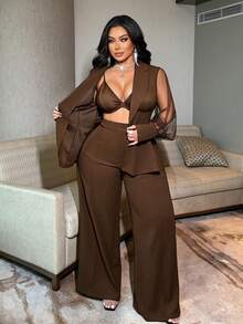 NU&NOW Plus Size Commuter Suit Set With Mesh Patchwork Design - Coffee Brown - View 5