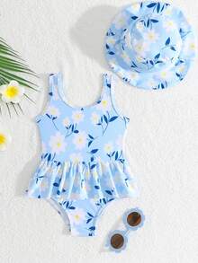 Baby Girls' Floral Print One-Piece Swimsuit With Hat, Knitted Fabric, Elegant Swimwear For Swimming, Beach, Pool, Summer Vacation, Holiday - Blue - View 4