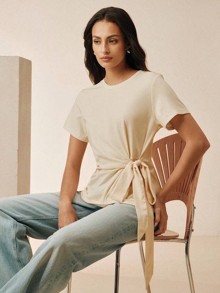 Women's Solid Color Round Neck Pleated Casual Versatile Daily Wear T-Shirt