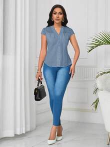 Lunelith SHEIN Lunessa Elegant Lace Patchwork Wave Striped Short Sleeve Women Blouse - Blue - View 3