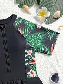 SHEIN 2026款少女连体泳衣，黑色碎花印花，时尚、优雅、活泼，适合游泳、海滩、泳池、拍照、送礼 - 黑色 - 查看 4
