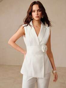 BELROSIE Rosie White Summer Elegant Sexy Formal Golf Minimalist Commuting Sleeveless Lapel Blazer With Decorative Waist Belt And Fitted Flare Leg Pants Set - White - View 6