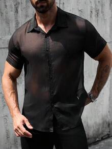 Manfinity Homme 男士休闲金属条纹黑色衬衫 - 黑色 - 查看 4