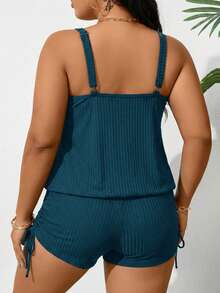 Swim Lushoire Baju Renang Tankini Ukuran Besar Motif Garis-garis Bertekstur Hitam Polos untuk Liburan Pantai Musim Panas 2026 - Teal Blue - View 3