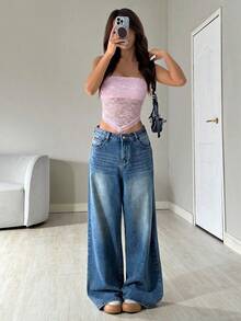 SHEIN EZwear 不对称下摆蕾丝拼接性感无袖露肩短款上衣，春夏款 - 淺粉色 - 查看 5