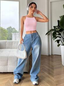 SHEIN EZwear 女士休闲纯色简约背心，夏季 - 粉色 - 查看 5