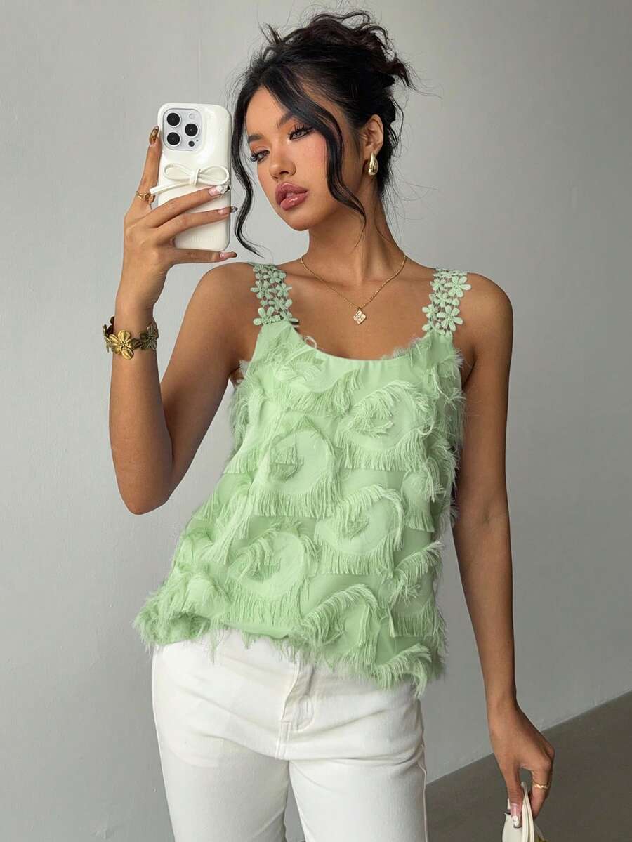 Rafferiza Áo không tay nữ màu trơn thanh lịch, kiểu dáng thường ngày, họa tiết hoa ren phối ren, chất liệu dệt nổi. - màu xanh lá - Xem 1