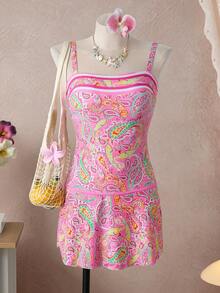 SHEIN Swim 2026新款女士两件套泳衣，印花，沙滩，泳池，派对，休闲，度假，春夏款 - 粉色 - 查看 3