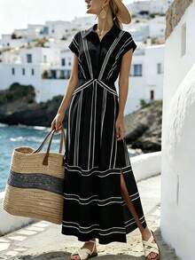SHEIN Holidaya Vestido casual de manga larga con botones y estampado de rayas de contraste para mujer - Negro - Ver 4
