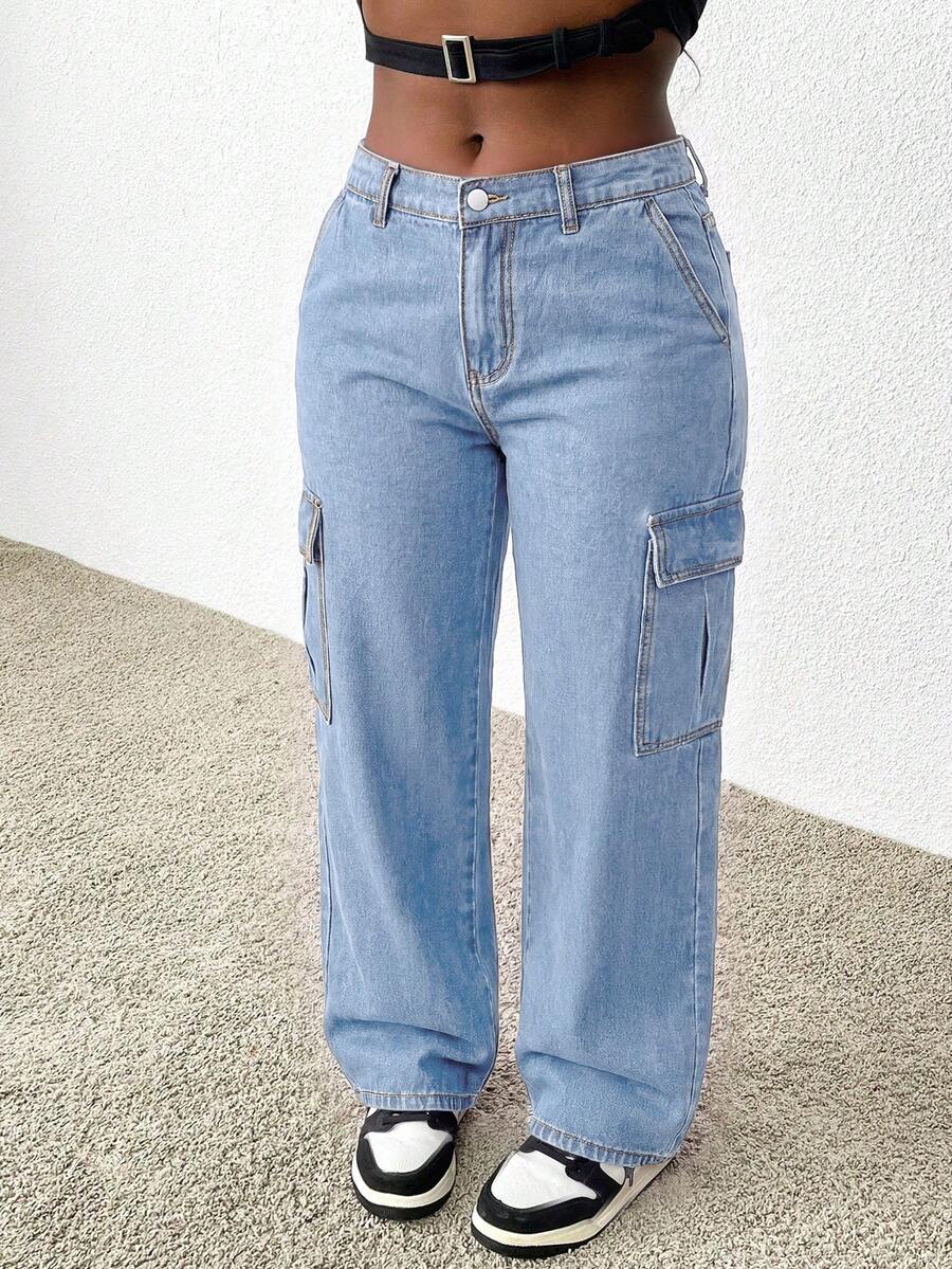 SHEIN SXY Plus Size Women High Waist Loose Baggy Jeans With Large Pockets - Light Wash - View 1
