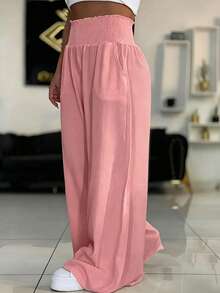 SHEIN LUNE CURVE Pantalones casuales sueltos de gasa de unicolor para mujer talla grande, primavera/verano, con cintura elástica y bajo acampanado, adecuados para el trabajo y el uso diario - Rosa - Ver 6