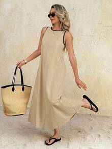 SHEIN Frenchy 女士时尚百搭撞色宽松连衣裙，适合度假、日常穿着和通勤。 - 卡其色 - 查看 3