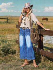 SHEIN LUNE Jeans anchos de pierna lavados de estilo casual para vacaciones de mujer - Azul lavado oscuro - Ver 1