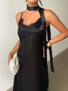 SHEIN Women's Solid Color Contrast Lace Side Slit Hem Elegant Spaghetti Strap Dress - Black - View 5