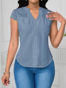 Lunelith SHEIN Lunessa Elegant Lace Patchwork Wave Striped Short Sleeve Women Blouse - Blue - View 6