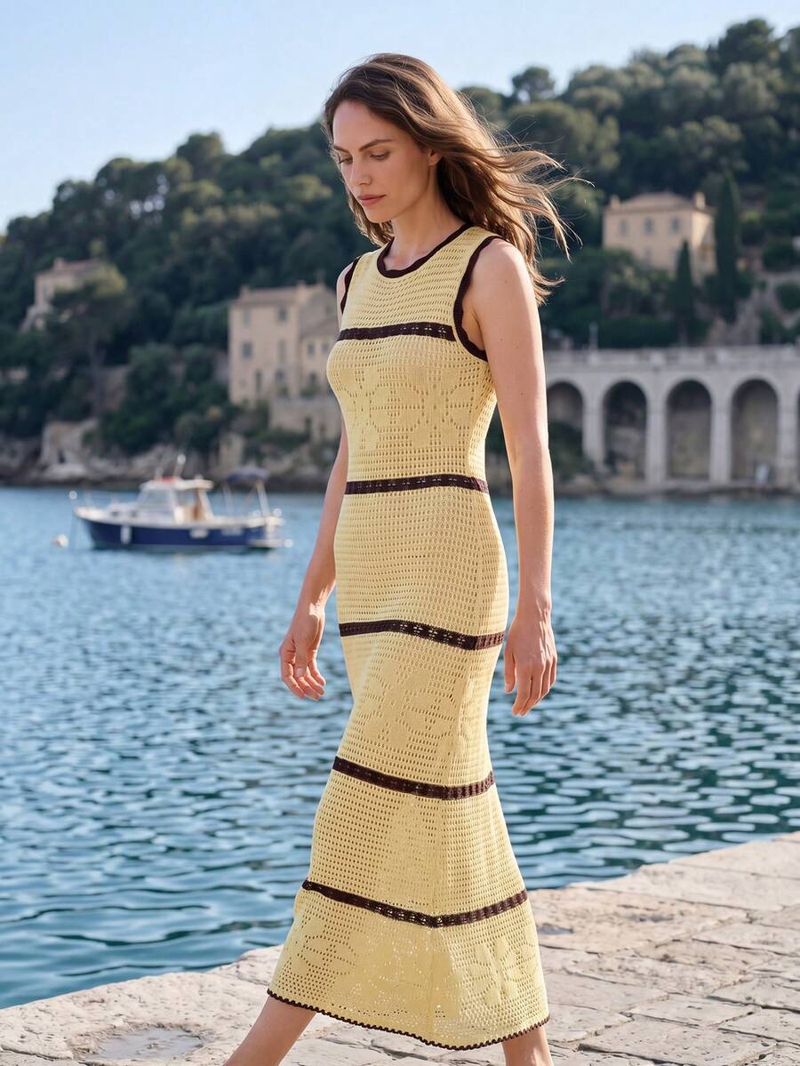 Dayvera Vestido de punto ajustado de cuello redondo sin mangas a rayas para mujer - Amarillo claro - Ver 1