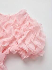 SHEIN Glamorique Kids 少女粉色花瓣袖波浪优雅连衣裙，配腰带，适合派对、宴会和夏季穿着 - 杏色 - 查看 5