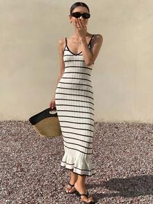 DAZY Women's Elegant Turndown Collar Colorblock Striped Knit Dress, Summer - White - View 5