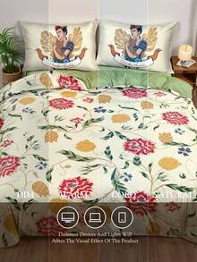 Frida Kahlo X SHEIN 3-Piece Set Of Plant And Flower Fresh Green Printed Quilt Cover, Matte Material, Soft And Warm, Blue Quilt Cover, Available In A Variety Of Sizes, Suitable For Single Bed/Double Bed/Queen Bed/King Bed, Great Gift. - Sprout Green - View 7