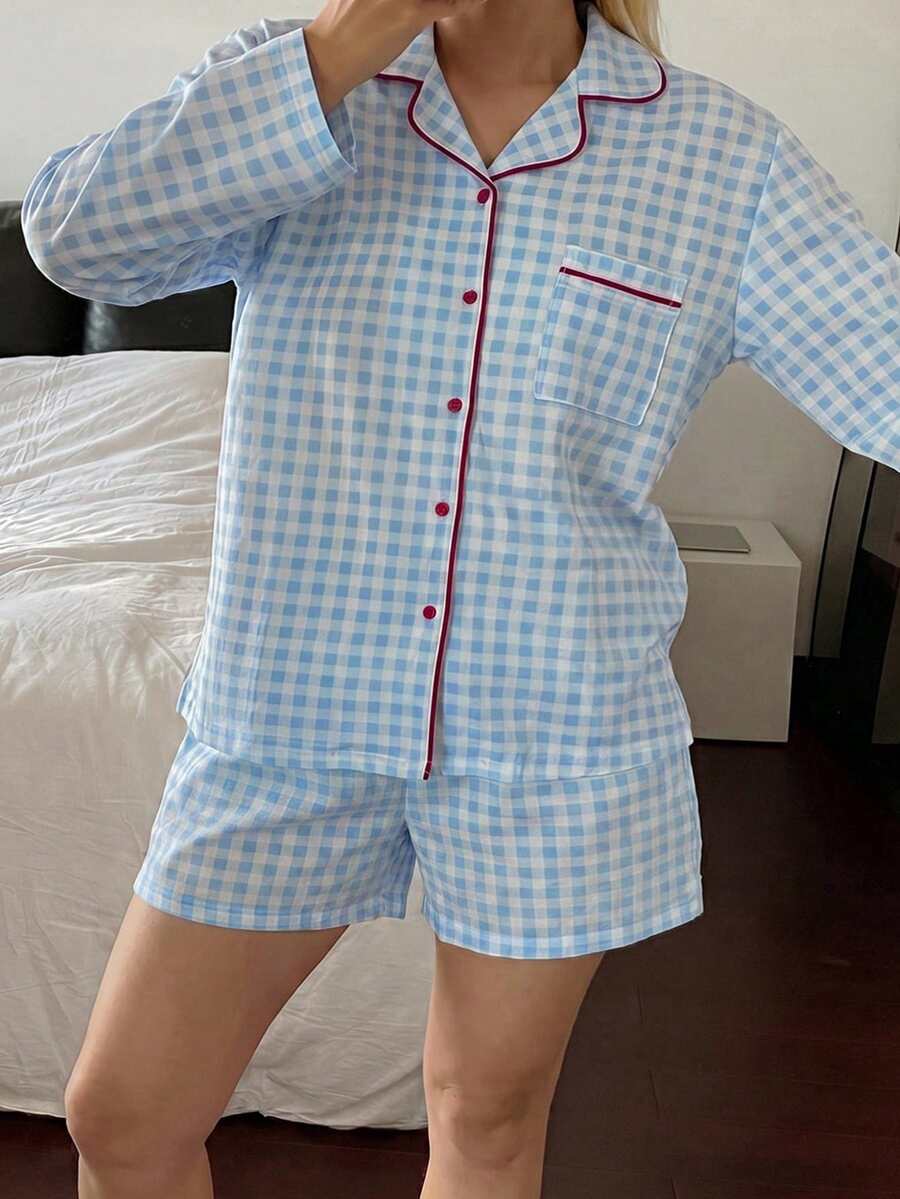 Livesso 女士格子长袖单排扣上衣和短裤睡衣套装 - 藍色 - 查看 1
