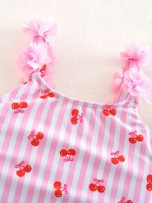 SHEIN Young Girl Cherry Striped Print Decorated One-Piece Swimwear, Beach & Resort Style - Red and White - View 3