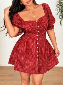 Vionelle Plus Size Women Polka Dot Ruched Casual Party Dress - Red - View 1