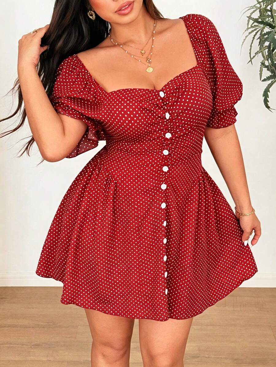 Vionelle Plus Size Women Polka Dot Ruched Casual Party Dress - Red - View 1