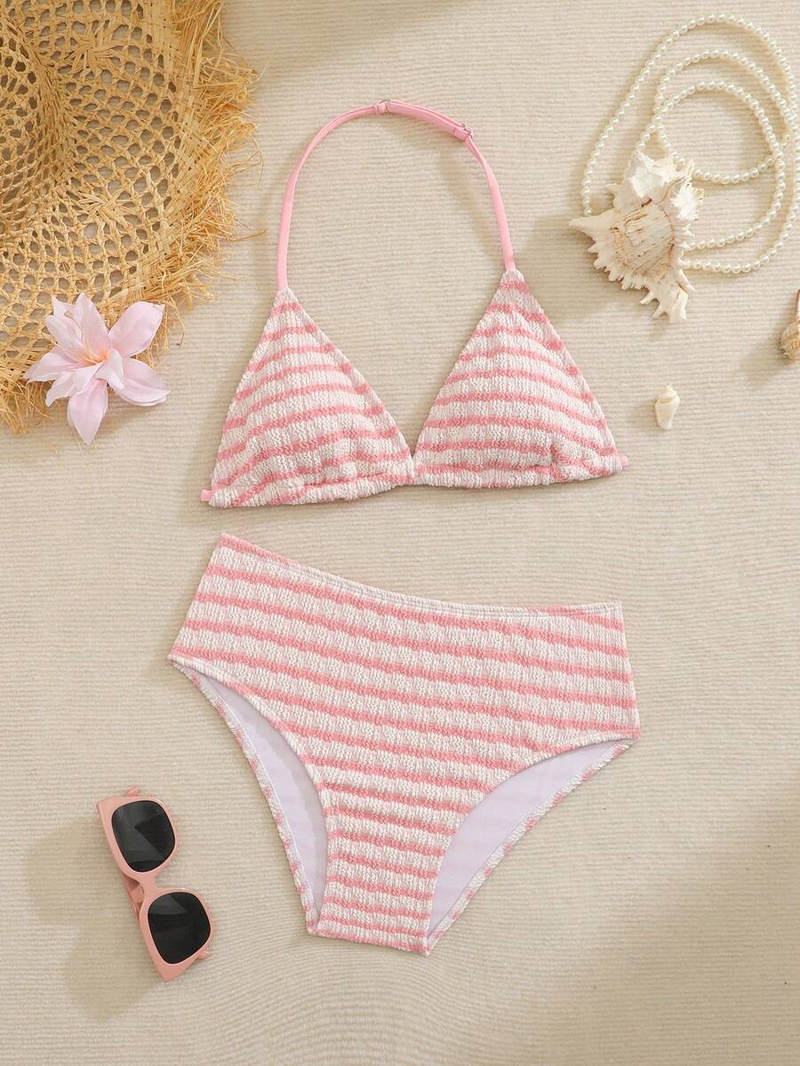 SHEIN Bộ bikini màu be trơn mới dành cho thiếu nữ, đồ bơi đơn giản thích hợp cho kỳ nghỉ biển. - Hồng - Xem 1
