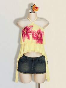 SHEIN ICON Áo thun nữ mùa hè in hoa, vạt lệch, buộc dây phía trước, kiểu dáng yếm, thích hợp cho kỳ nghỉ biển. - Màu vàng ngỗng - Xem 1