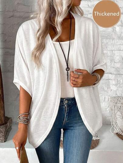 EMERY ROSE Casual Minimalist White Solid Color Plus Size Jacket, Suitable For Leisurely Vacation