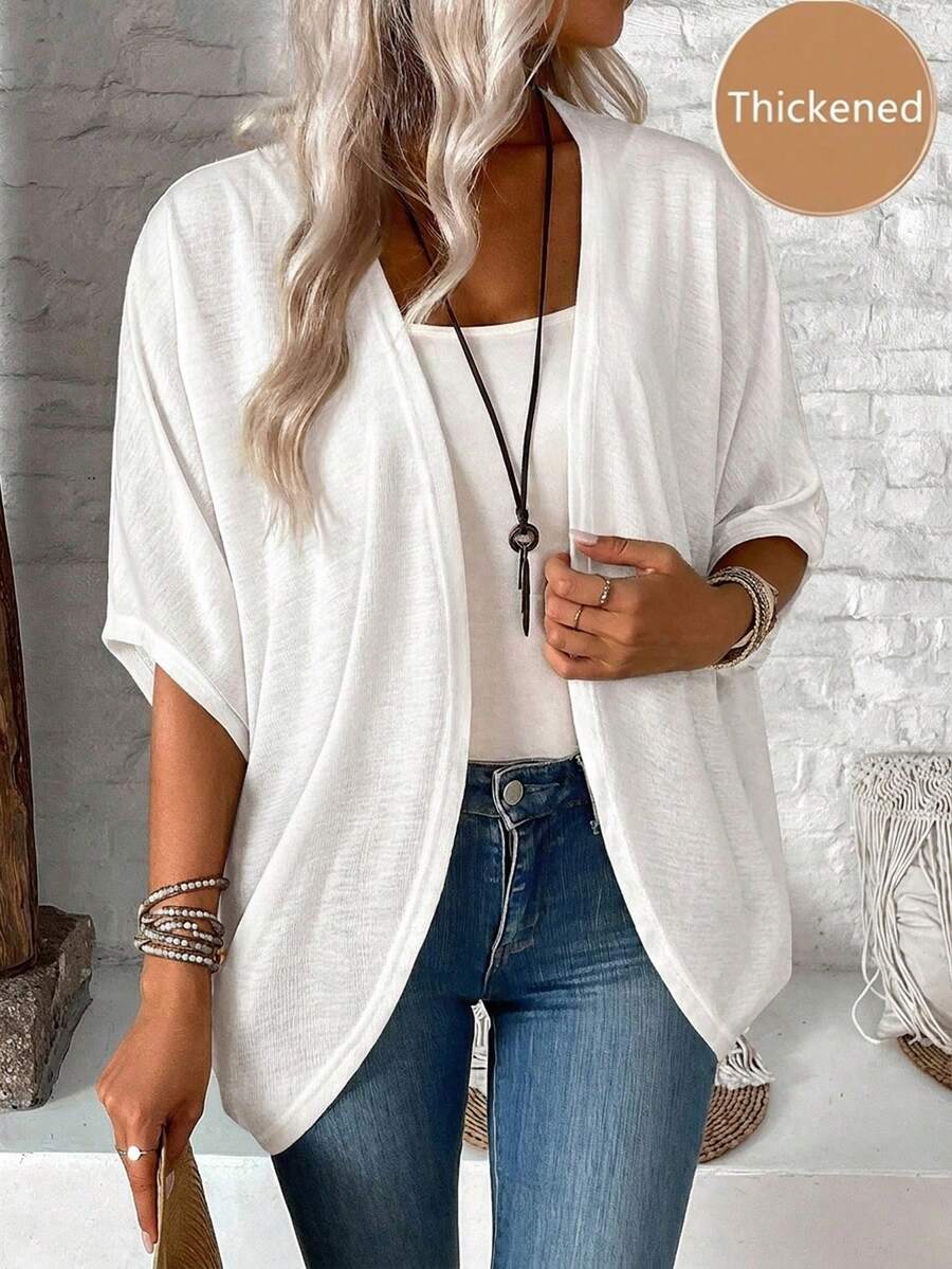 EMERY ROSE Chaqueta de color blanco sólido minimalista y casual para talla grande, adecuada para vacaciones relajadas - Blanco - Ver 1